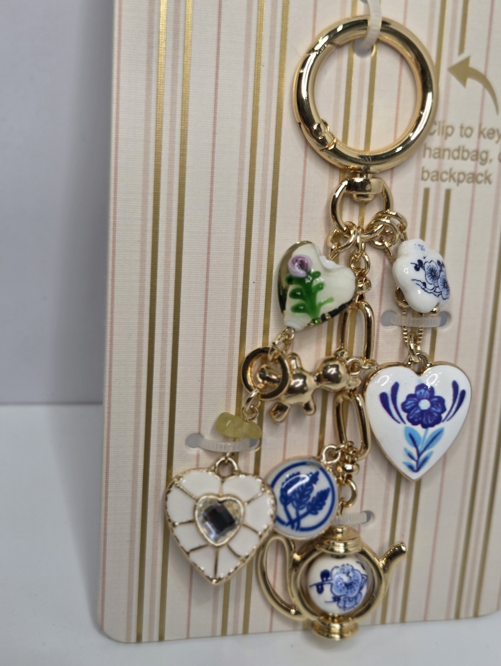 🤍▪️piper k▪️ UK Gold and White Teapot  Glass/Glass Stones  Floral Bag Charm - Picture 3 of 9
